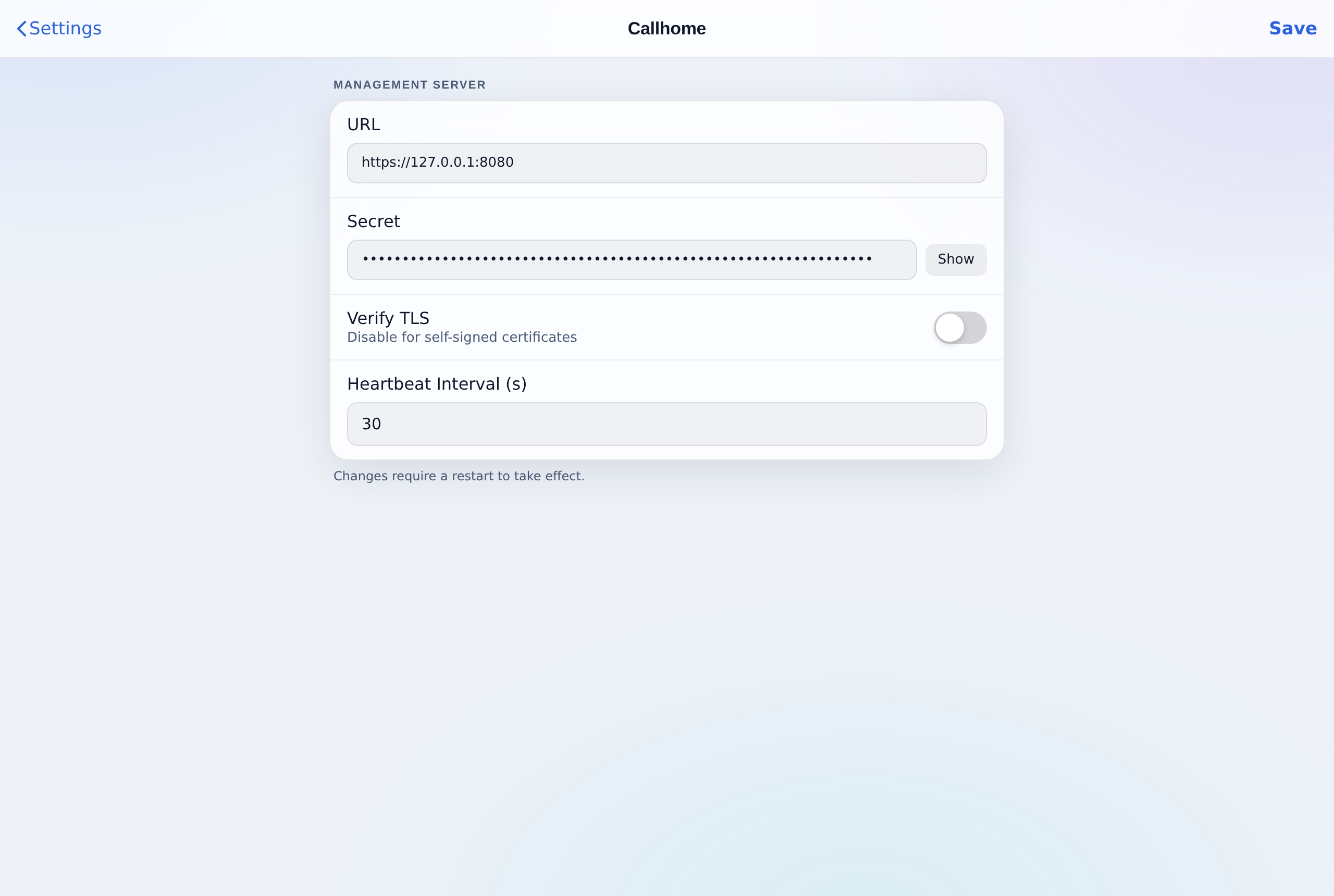 Enter the server URL, its shared secret and a heartbeat interval.