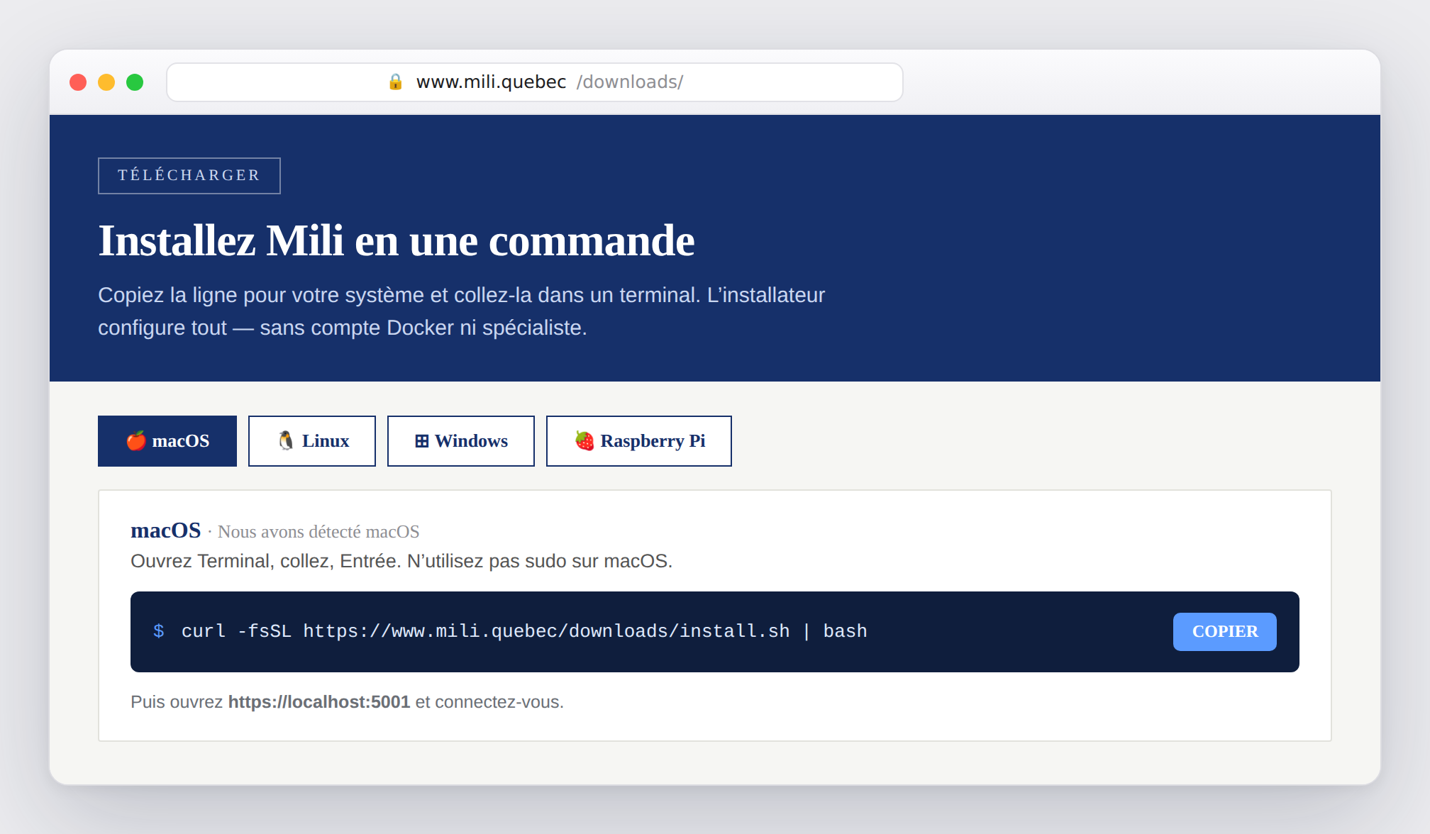 La page de téléchargement affiche la commande pour votre système.