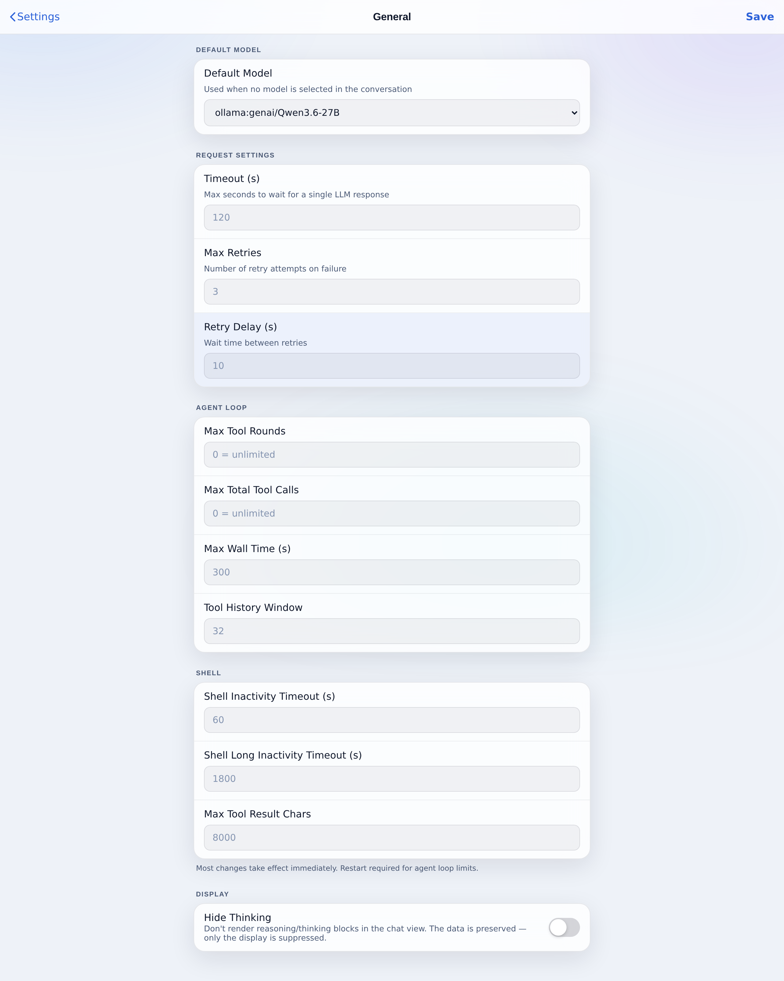 Settings → Model: pick a Qwen model and a reasoning-effort level.