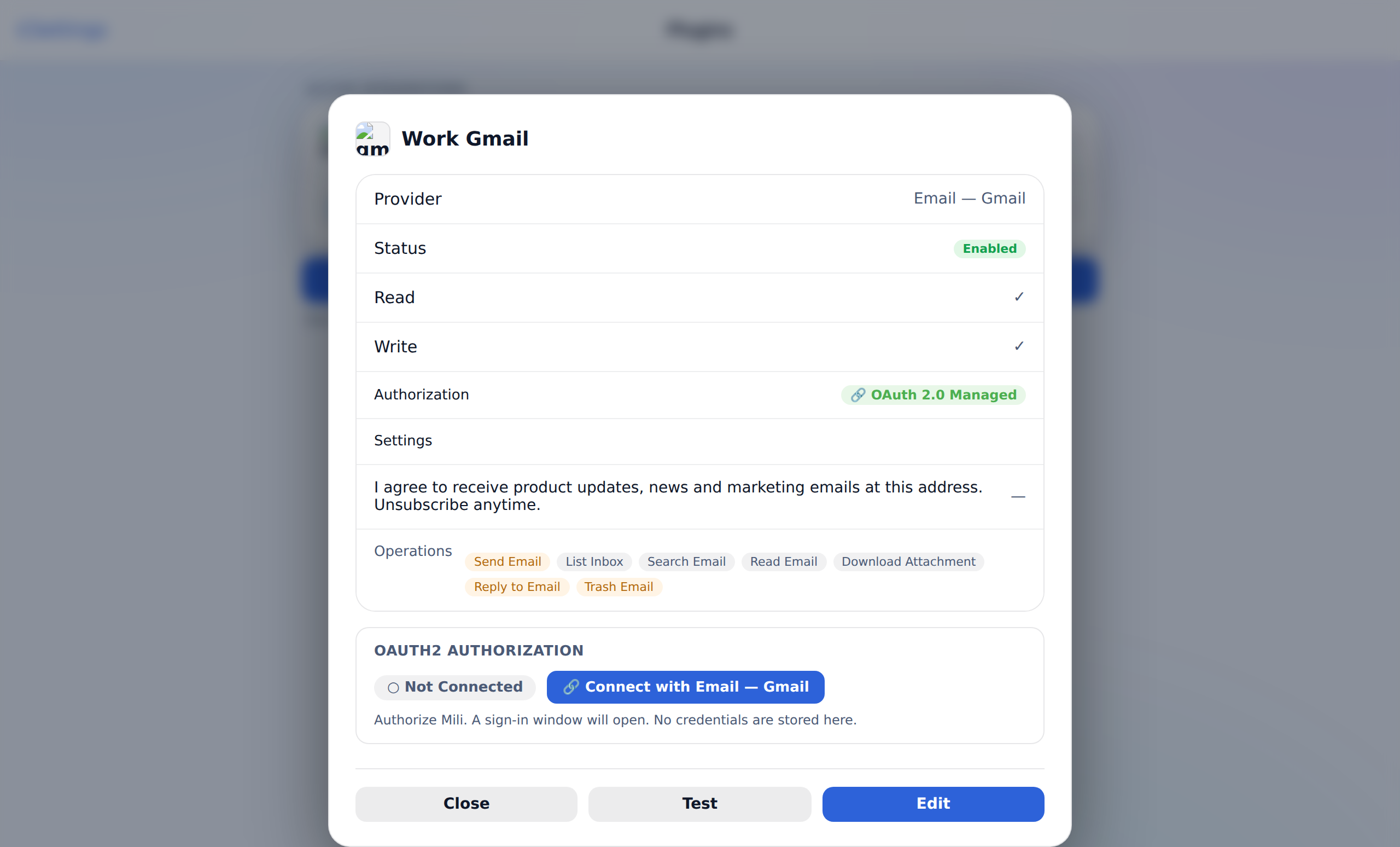 An OAuth integration connects with a provider sign-in — no password stored.