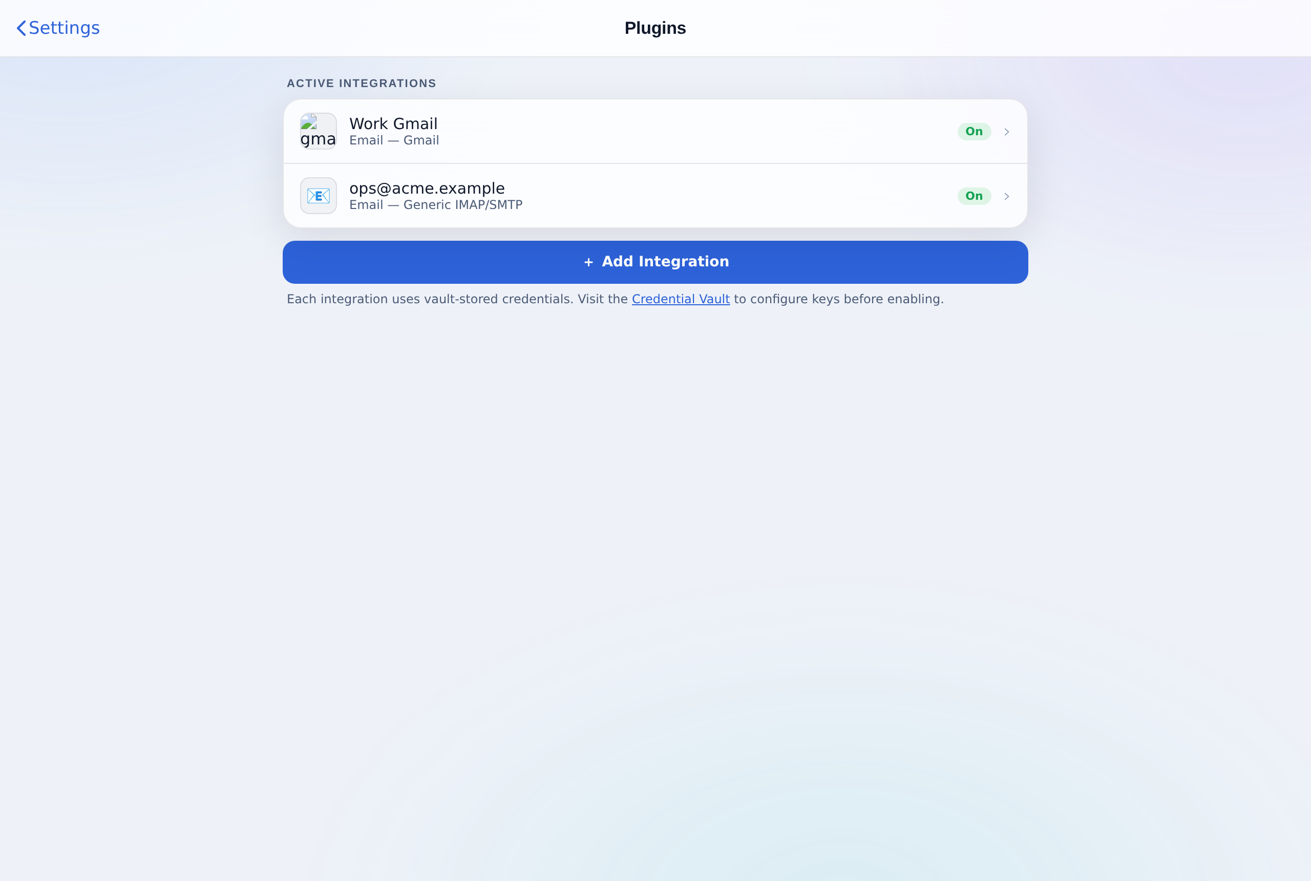 Settings → Integrations: search and add from the catalogue.